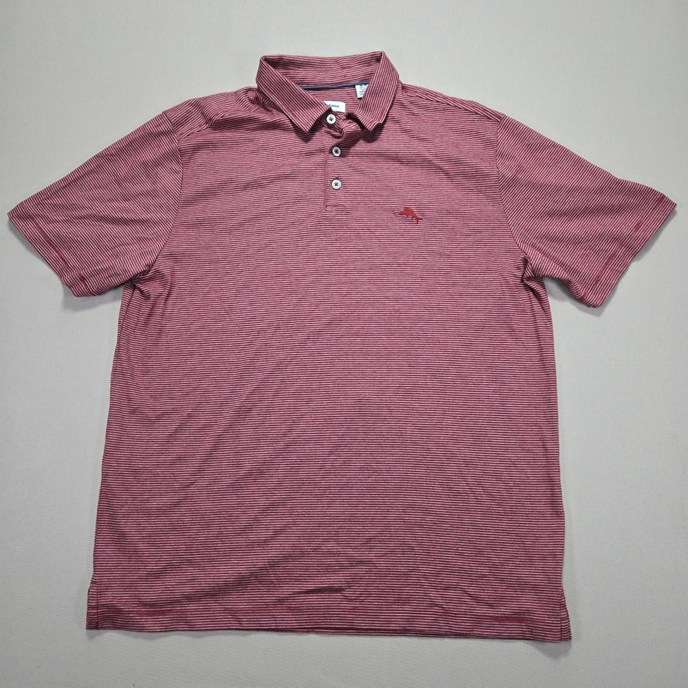 Tommy Bahama Polo Marlin logo Shirt Red Striped Short Sleeve Cotton Men's Medium